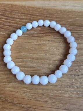 White Jade & Blue Amazonite Beaded Stretch Bracelet / Hand Crafted
